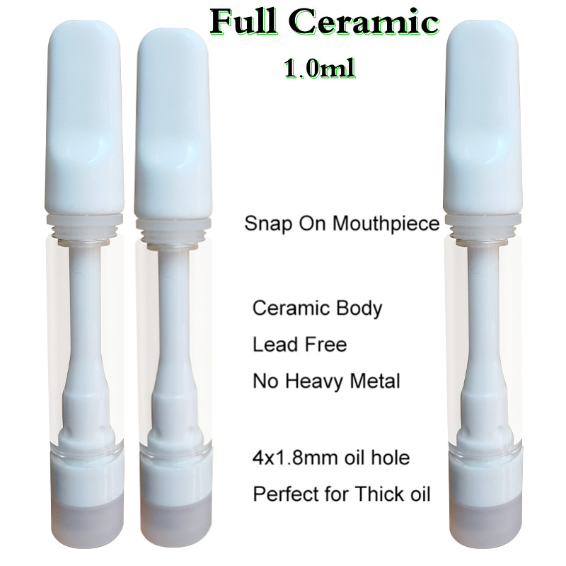 

Full Ceramic Vape Cartridges 1.0ML Atomizer Empty Disposable Vapes Pen Cart 4*1.8mm Intake Hole Snap Lock Tops Lead Free Good for Thick Oil