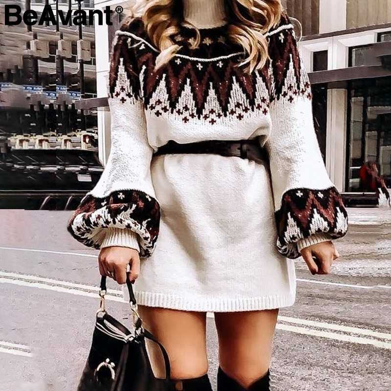 

BeAvant Geometric print women knitted dress Casual turtle neck pullover female sweater dress Autumn winter retro white vestidos 210709
