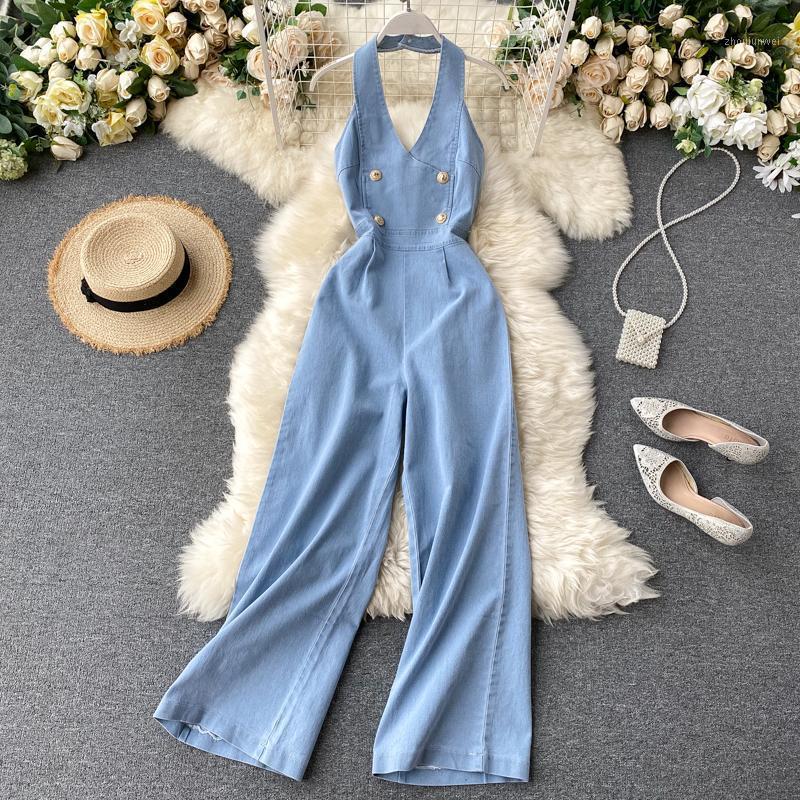 

Women Buttons Jeans Jumpsuits Sleeveless Halter Woman Fashion Backless Wide Leg Rompers Outfits-c Women, Deep blue