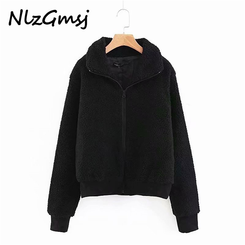 

Jacket Women Autumn Warm Terry s Turn Down Collar Zipper Black Casual Street Loose Outwear Coat 210628, As picture