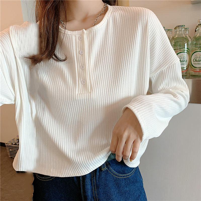 

Women' T-Shirt Long Sleeve T-shirts Women Elegant Simple Pure Button Design Retro Ins Autumn Ladies Tees Top All-match Style Clothes, White