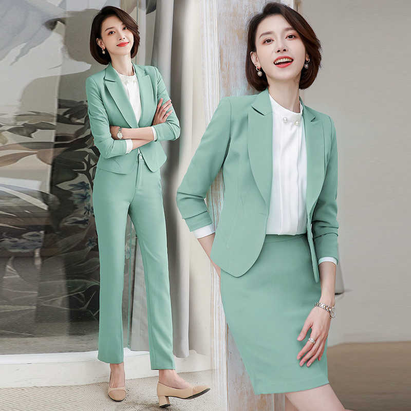 

4XL Plus Size Women' High-quality Business Suit Temperament Office Work Clothes Slim Long Sleeve Jacket Pants 2-piece Set 210527, Blazer skirt a