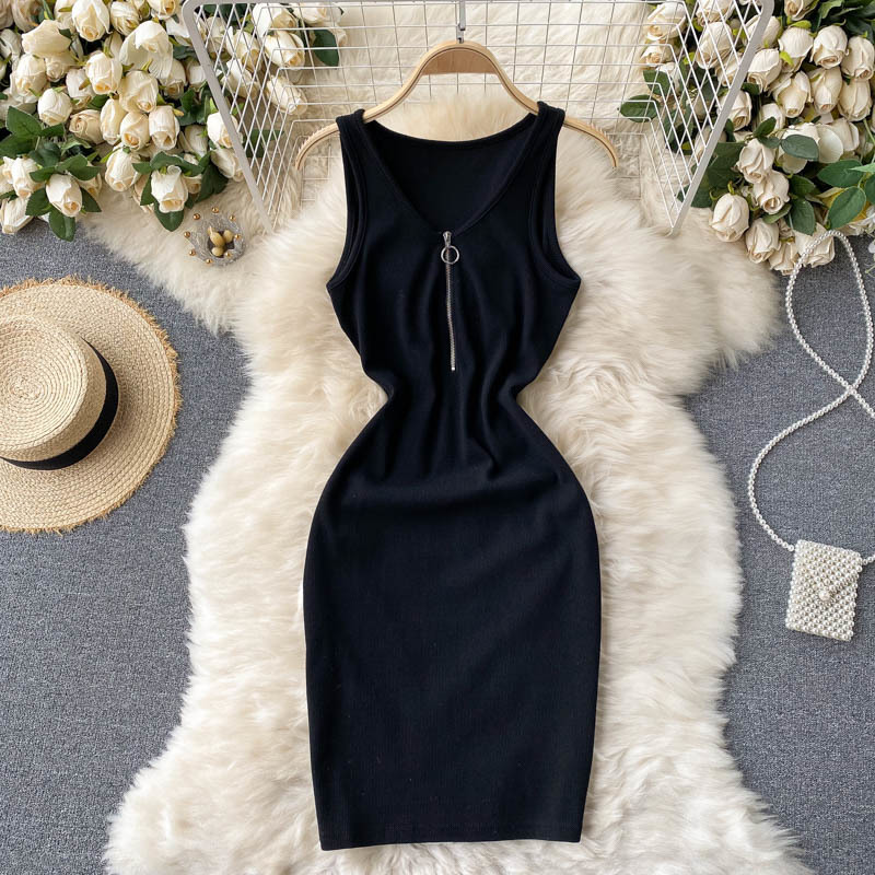 

Women Knitted Buttocks Sleeveless Dress Solid Color V-neck High Waist Slim Zipper Fashion Spring Summer 11B526 210525, Dark gray
