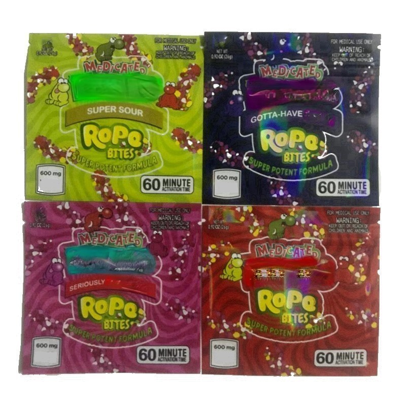 

In Stock Square Medicated rope Bites mylar bags 4 types empty Gummy package bag plastic smell proof baggie 600mg edible packaging cookie runtz Zipper mylar baggies
