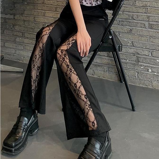 

Women's Pants & Capris Plus Size For Women Spring Autumn Lace Hollow Out Korean Sweet Button Full Length Girls Street Style Aesthetic, Black