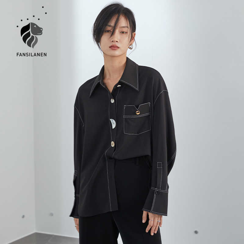 

FANSILANEN Fashion button up black blouse shirt Women long sleeve spring oversize casual Female office ladies elegant top 210607