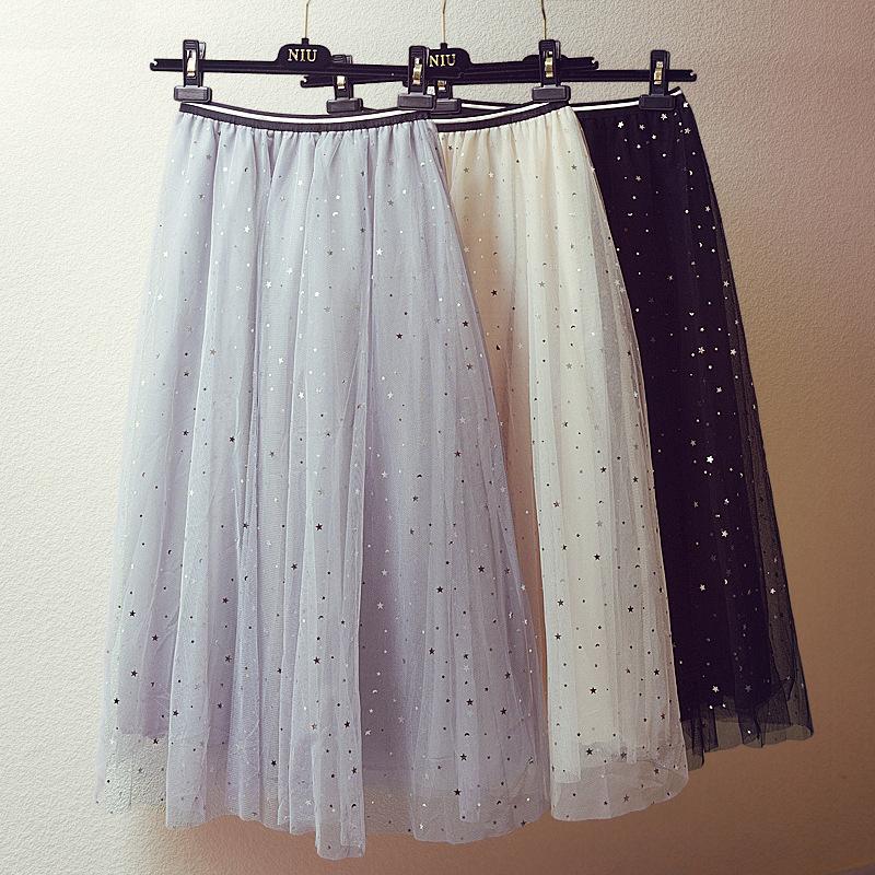 

Skirts Fashion Tulle Women High Waisted Mesh Sequin Stars Tutu Party Festa Mori Harajuku Pleated Midi Skirt Femme, Gray