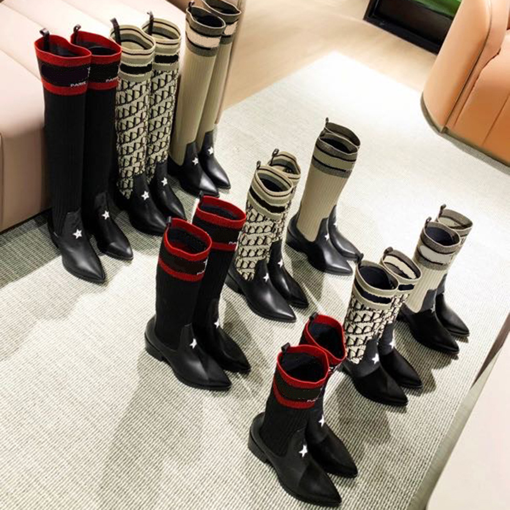 

Women Designer Boots Knee Half Boot Designers Cotton Fabric Thick heels shoes Fashion shoe Winter Fall with box EU:35-41 By shoe02 01, #4