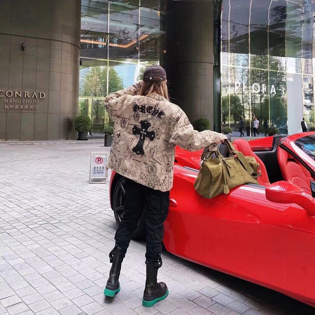 

jacket crosin ch 21 spring and summer cross leather label model letter full print temperament denim coat unisex, Black;brown