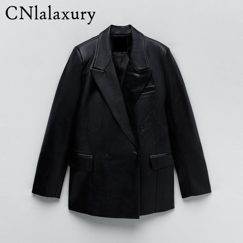 

ZA Autumn New Leather Blazer Jaet 2021 Women Spring PU Single Button Coat Fit Waist Motorcycle Fashion Jaets Street Outwear, Black