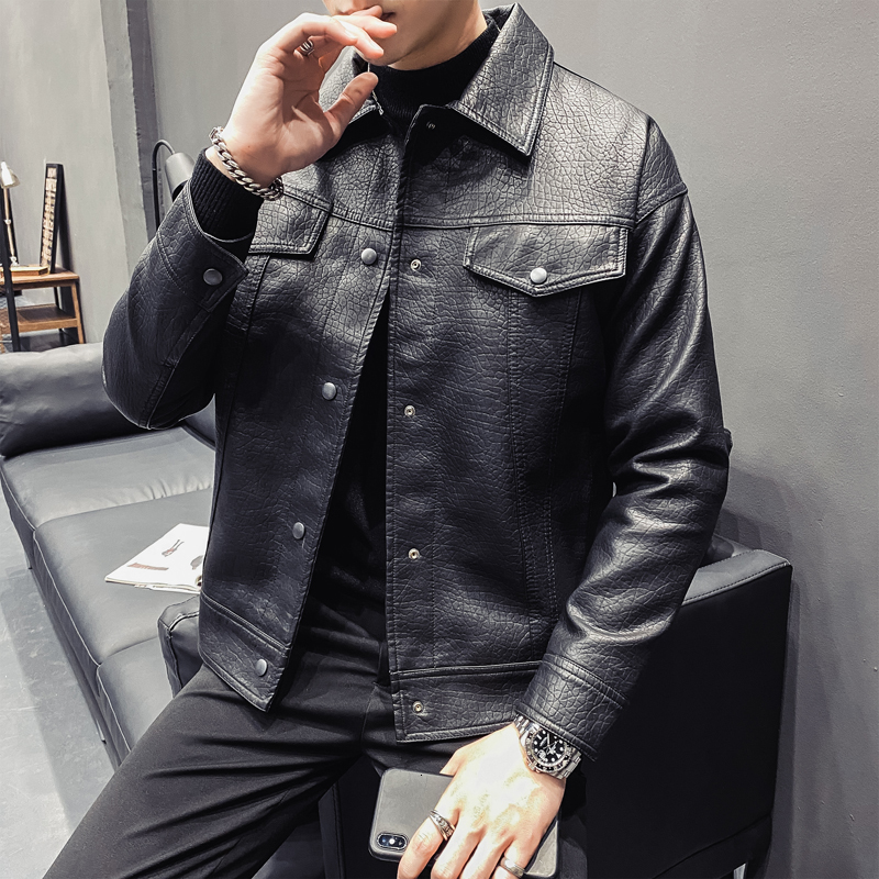 

2021 New High-quality Black Plutonium Leather From Motorcycle Jacket Men's Clothing Fashion Turn Collar Thin Casual Fit Outwear 3xl-m G38m