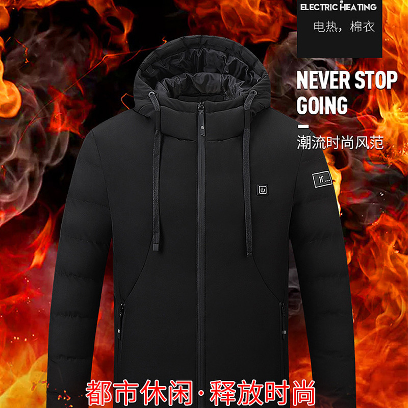 

winter intelligent usb electric heating constant temperature charging cotton cloth men's hooded thick coat direct sale, Black