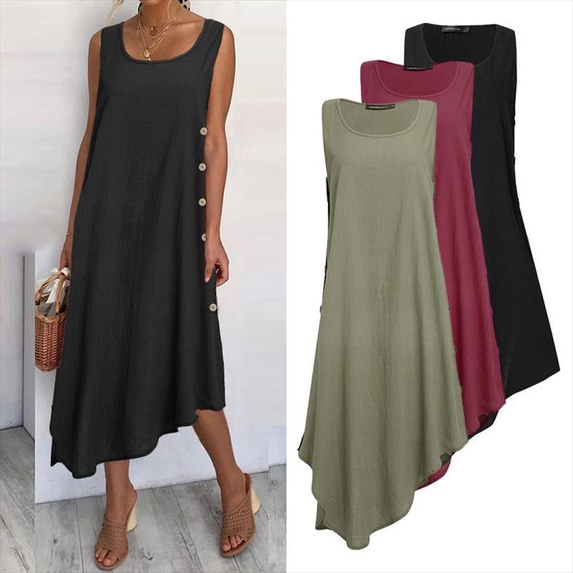 

fashion beach summer long women dresses sleeveless vest casual asymmetrical sundress solid loose maxi robe 7, Black;gray