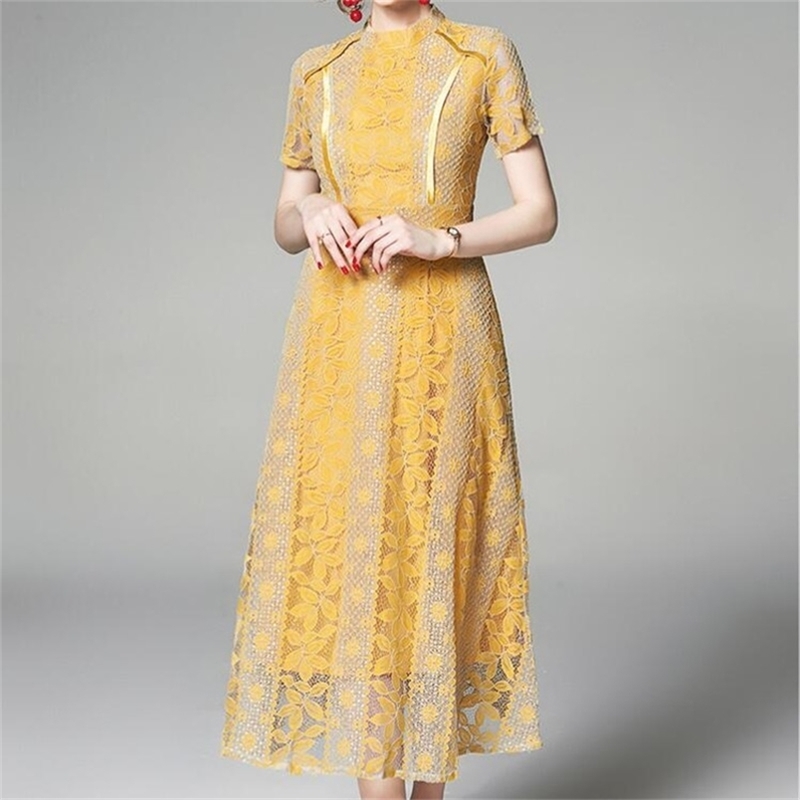 

Arrival Summer Lace Dress Fashion Vintage Floral Hollow Out Luxury Elegant Slim Women Evening Party Dresses 210603, Picture color