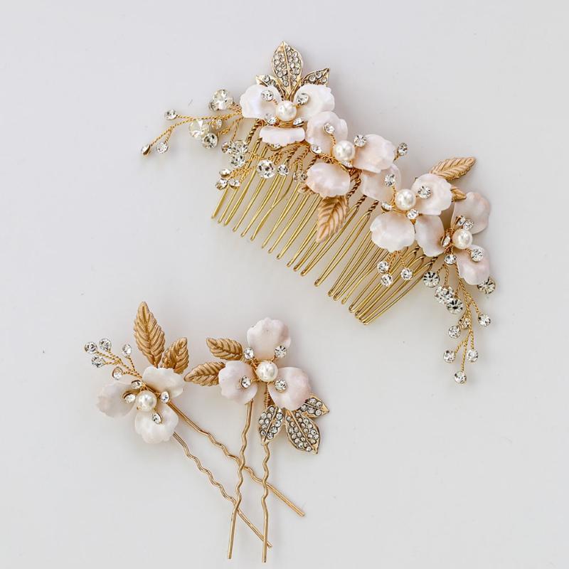 

Hair Clips & Barrettes Gold Combs Flower Leaf Hairpins Pearls Crystal Headpieces Brides Women Headdress Bridal Jewelry Wedding Accessories, Golden;silver