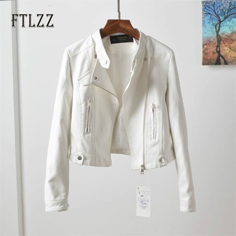 

Fashion White Pu Jacket Women Slim Zipper Biker Moto Faux Leather Coat Spring Autumn Streetwear Pink Outwear 210525