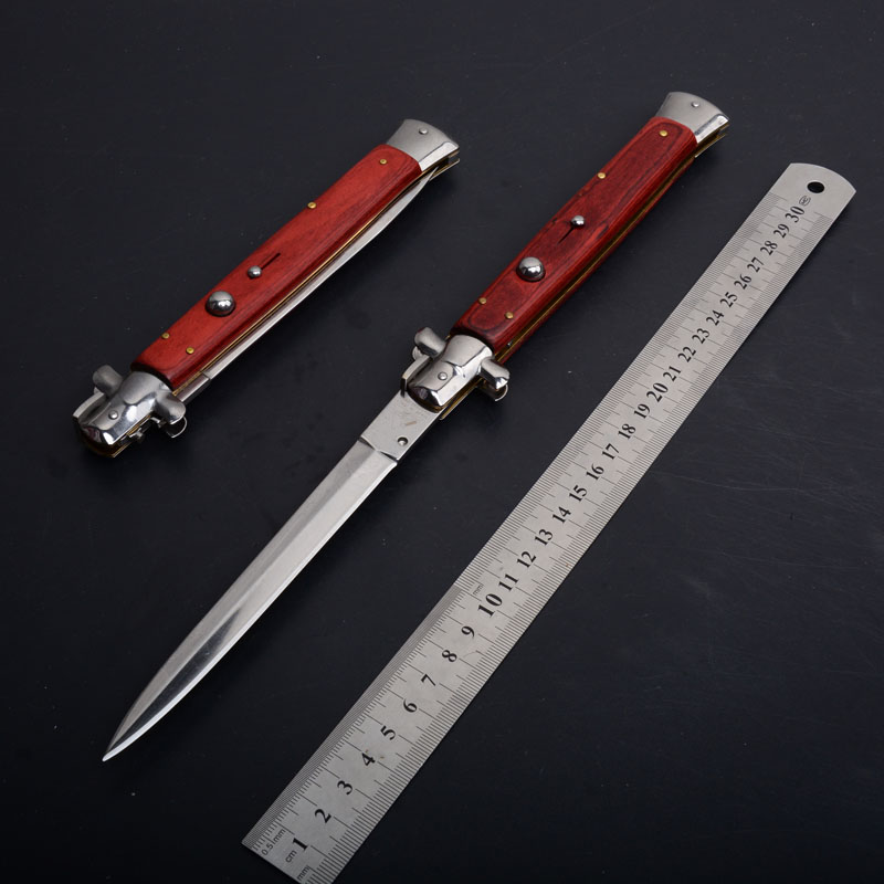 

13 Inch Classical Italian mafia Automatic knife AUTO Tactical Knives 440C 58HRC Satin Single Horizontal Blade Wooden Handle EDC Hunting Pocket Knifes