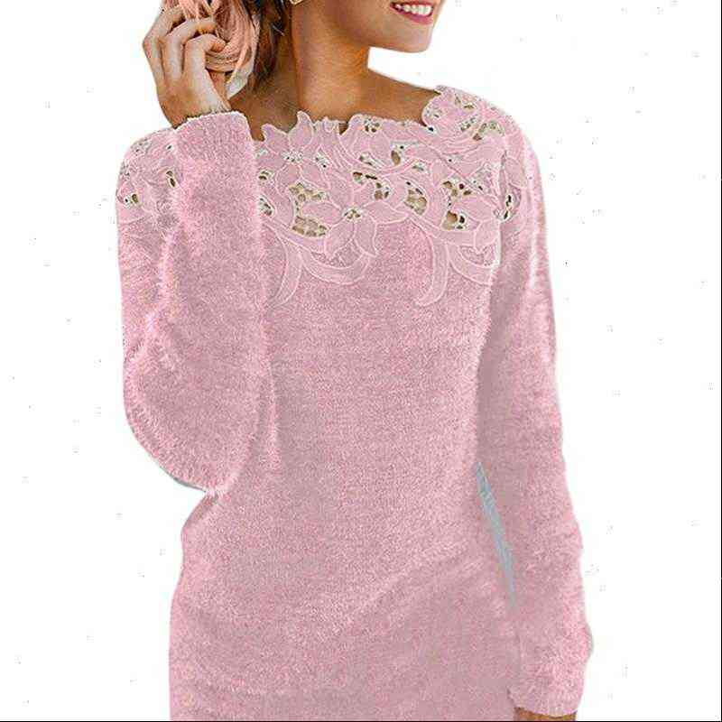 

Women Sweaters MONERFFI Womens Autumn long sleeved Lace Hollow Sweater Solid O neck Sexy Knitted Large Size Pullovers, White;black