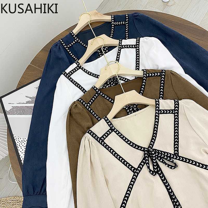 

Blouses Women Spring Summer Elegant Korean Shirts Causal Patchwork Bow Tie Tops Blusas Mujer De Moda 6G120 210603, Brown