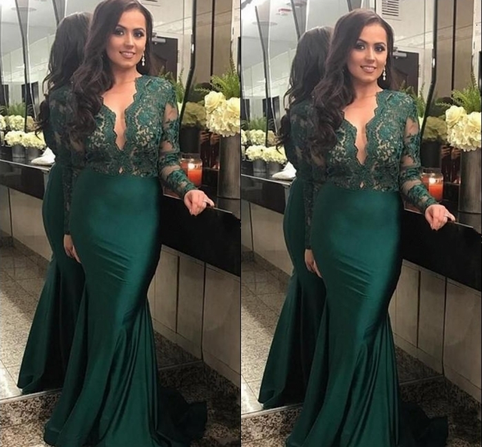 

2021 New Dark Green Illusion Sleeves Evening Es with Deep v Neck Lace Mermaid Prom Long Party Gowns Robe De Soriee 3klg, Blue