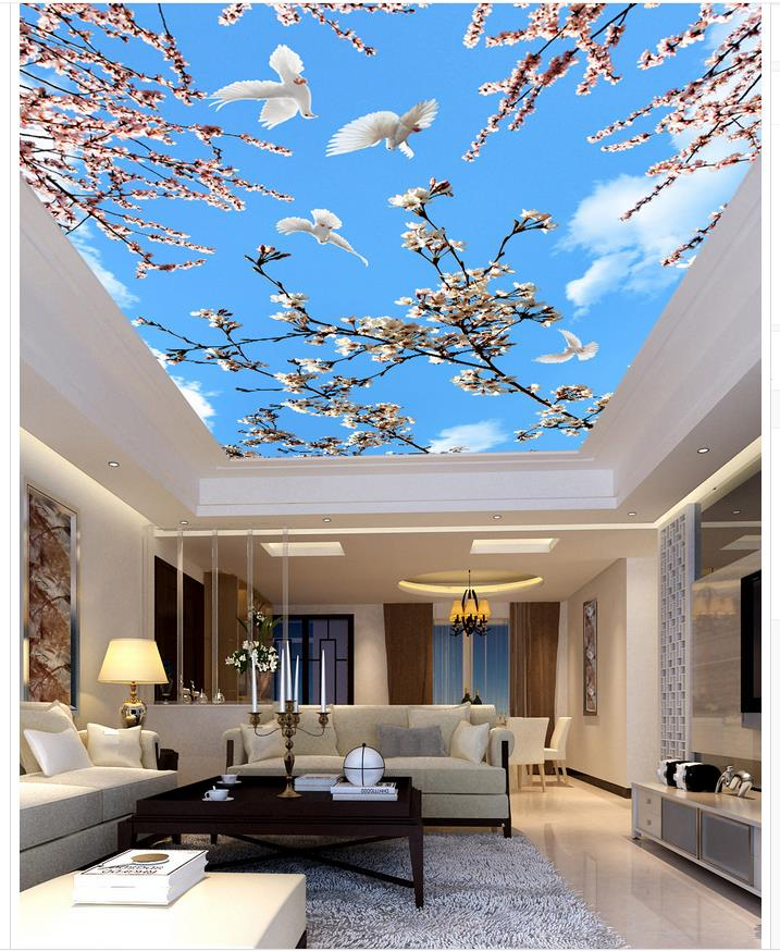 

3d stereoscopic wallpapers Flower branch blue sky white cloud bedroom ceiling mural living style wallpaper