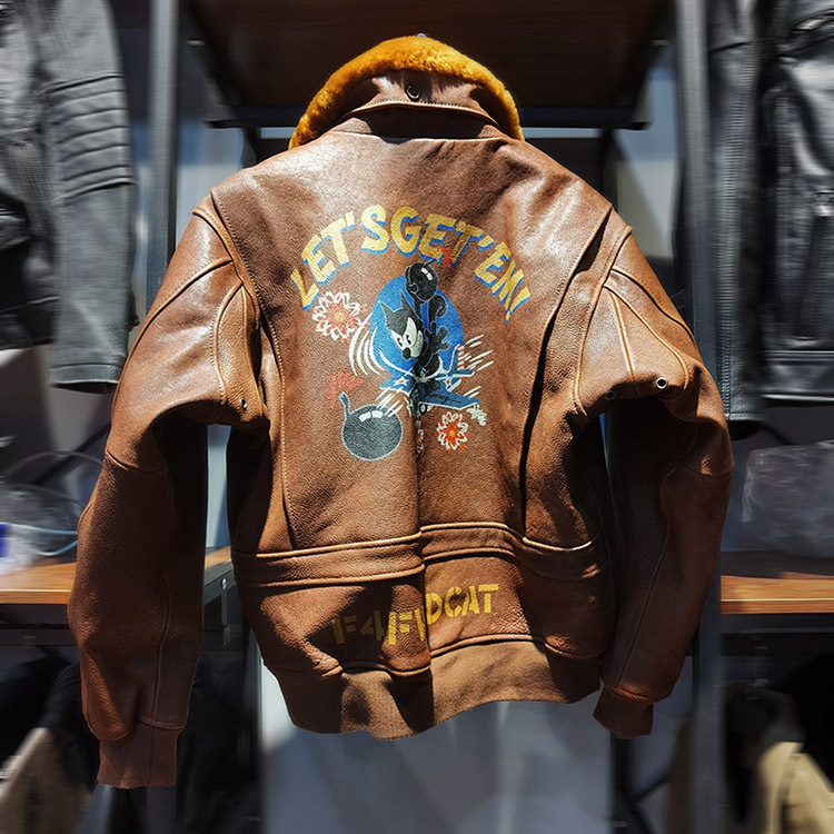 

Garfield Cat Navy G1 Flight Leather Jacket with Removable Wool collar genuine cowhide coats, Brown