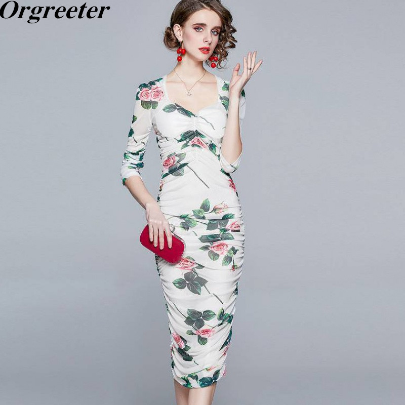 

Spring Fashion Green Leaf Rose Printted Mesh Sheath Dress Summer Women's Square Collar 3/4 Sleeve Slim Bodycon 210525