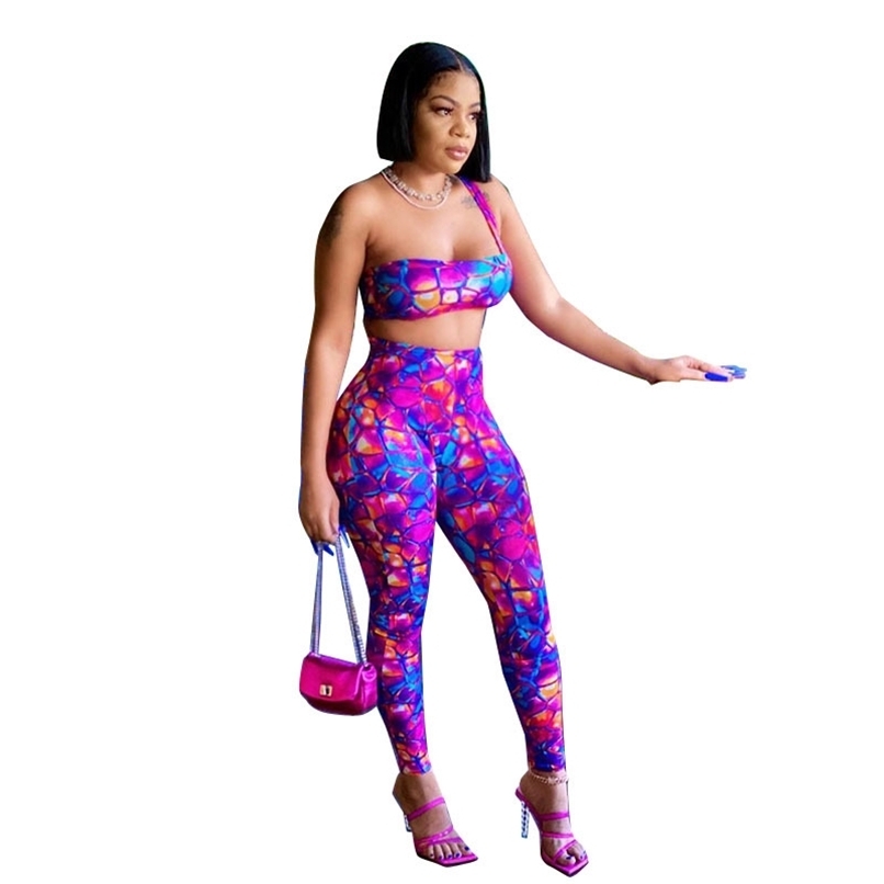 

Product Summer Holiday Party Two Piece Outfits Women Sets Clothes Trendy Chic Tie Dye Bra Tops High Waist Skinny Pants 210525, Multi