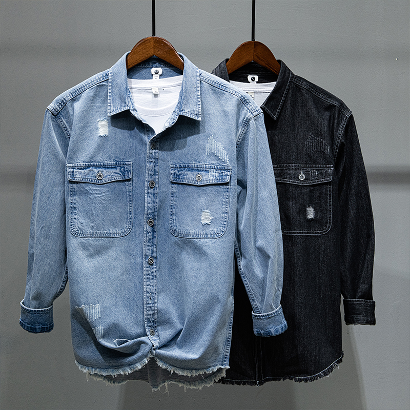 

2021 New Arrival Long-sleeved Denim Brand Shirt Cotton Blue Shirts for Men Trendy Mens Clothing Camisa Chemise Qlz8, Black