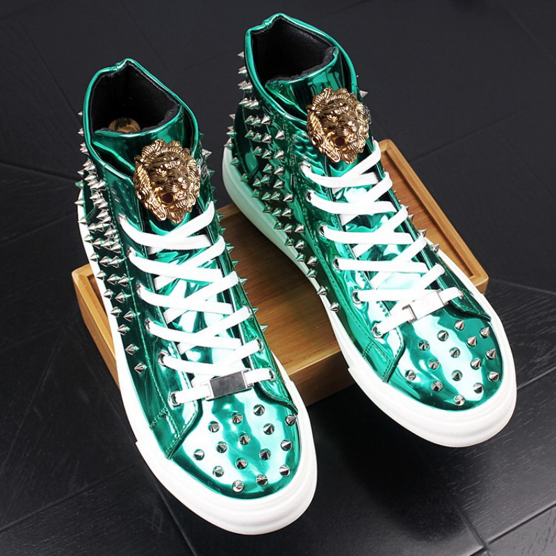 

NEW Brand Rivet Boots shoes for men leather loafers mens shoe with thick low rivets casual board High height zapatos sapatos P5, Green