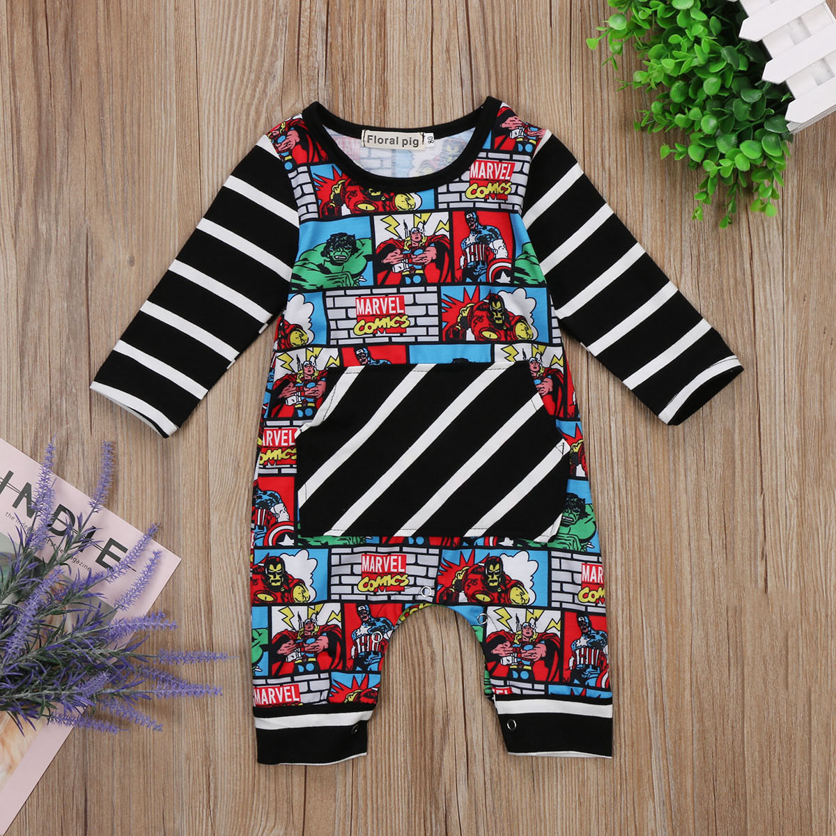 

Newborn Infant Baby Girls Boys Fashion Autumn Romper Cartoon Print Striped Pocket Jumpsuits Romper 0-24M, Default color