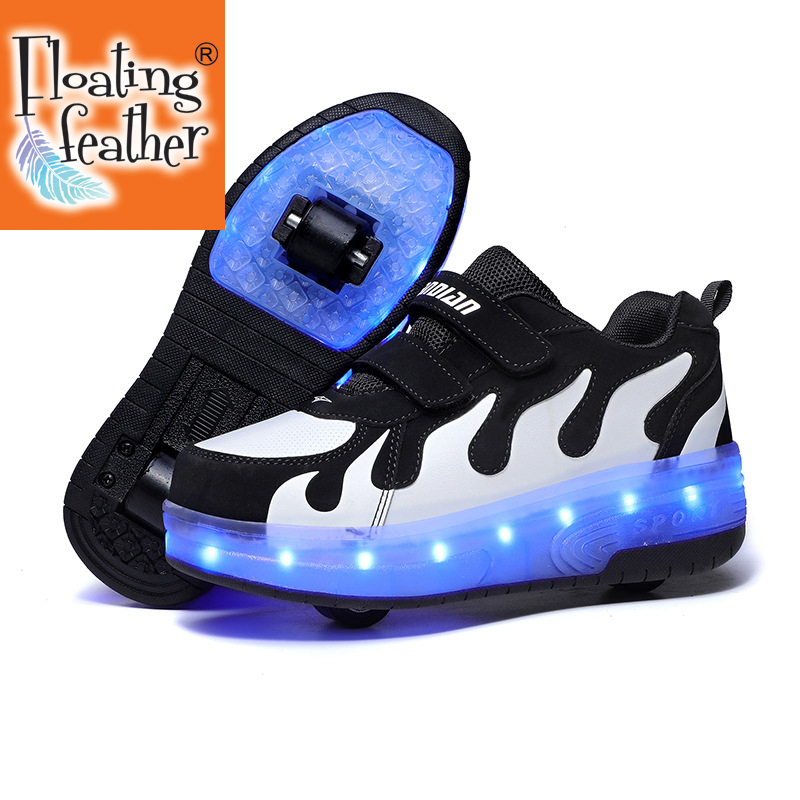 

2021 New Glowing Sneakers on Wheels USB Charging Luminous Shoes Wheels LED Flashing Double Wheels Roller Skates Size 28-40, Black white