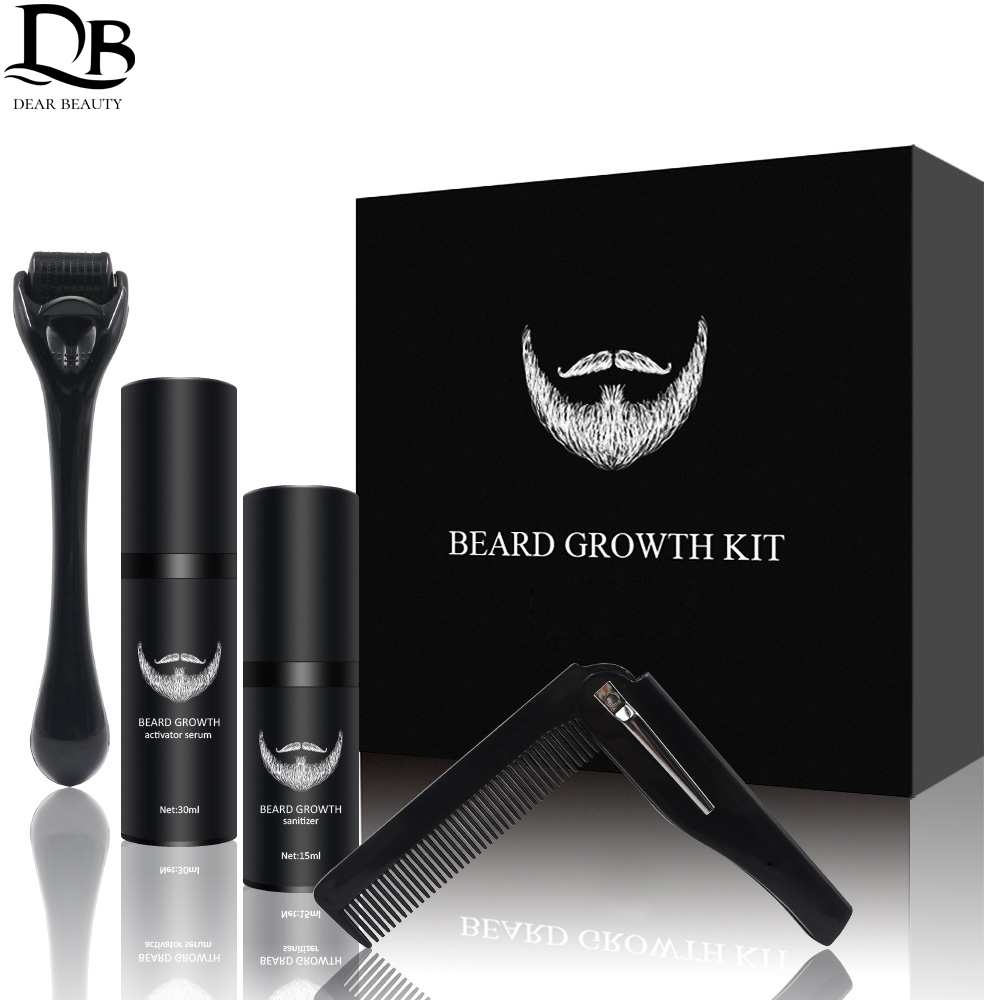 

4 Pcs/set Men Beard Growth Kit Hair Growth Enhancer Thicker Oil Nourishing Leave-in Conditioner Beard Grow Set with Comb RollerS