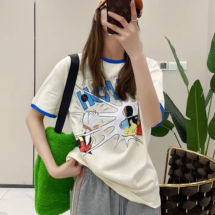 

Luxury design Co cartoon print short for women summer color matching round neck loose casual half sleeve T-shirt, White