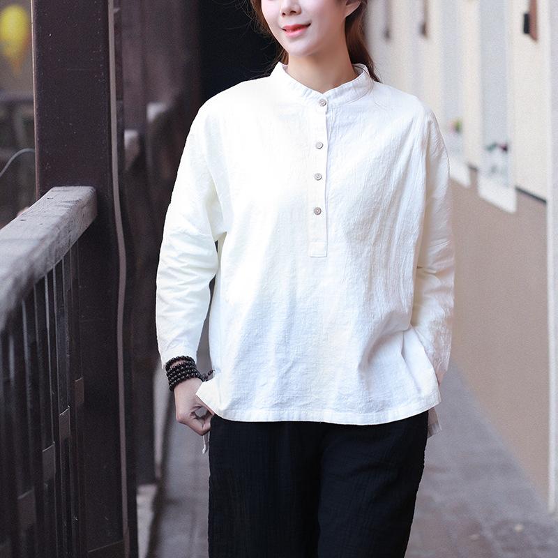 

Women's Blouses & Shirts Autumn Artsy Vintage Loose Blouse Women Stand Collar Casual White Color Cotton Linen Long Sleeve Shirt, Black