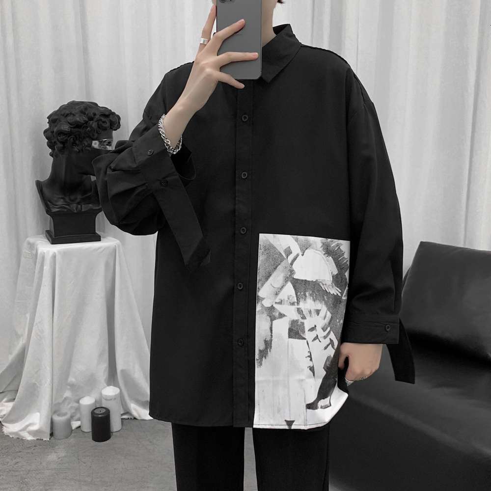 

Spring new melody windmill men's casual top long sleeve fashion loose Print shirt, White;black