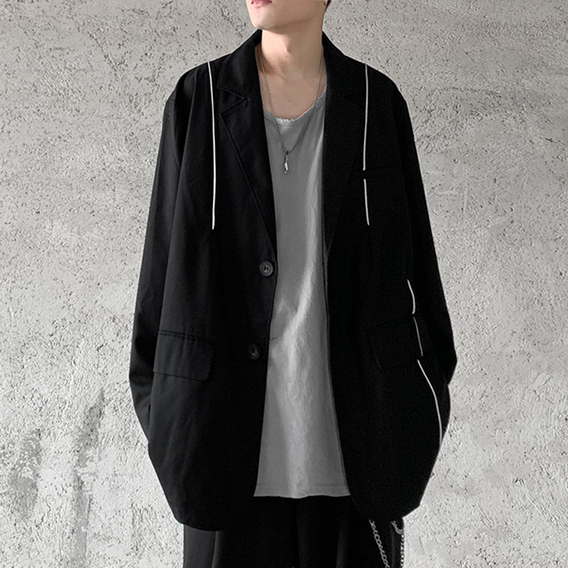 

2021 New Harajuku Single Breasted Oversize Suit Mens Autumn v Neck Pockets Reflective Blazer Streetwear Solid Loose Casual Jacket 3udr, Black