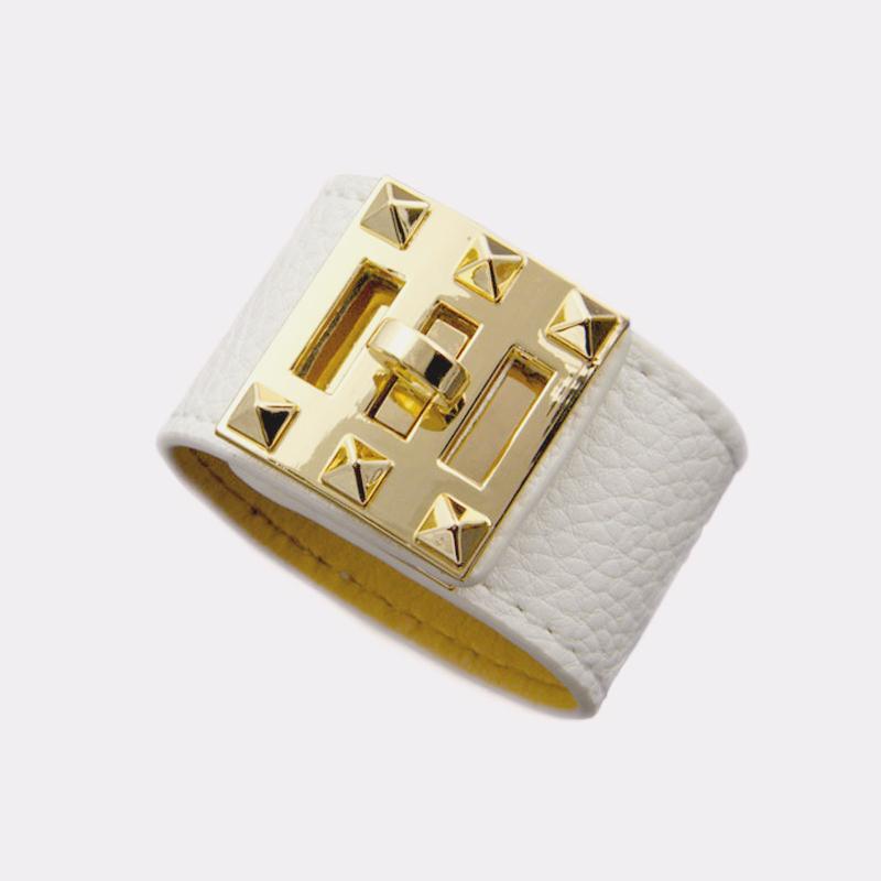 

Charm Bracelets Punk Style 3.5CM Wide PU Leather Rivet Designer 3 Adjust Size 316L Stainless Steel Bangle For Men Women Jewelry