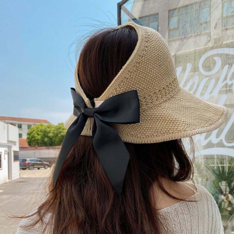 

Wide Brim Hats Bowknot Empty Top Hat Straw Adult Cap Female Summer Holiday Sun Visor Korean Big Protection Knitted, Beige