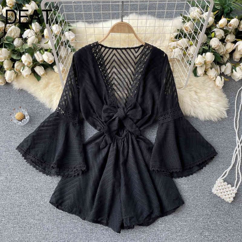 

Women Black Lace Belt Jumpsuit Arrival V-neck Flare Sleeve Solid Color Fashion Temperament Spring Summer 11D614 210525, White