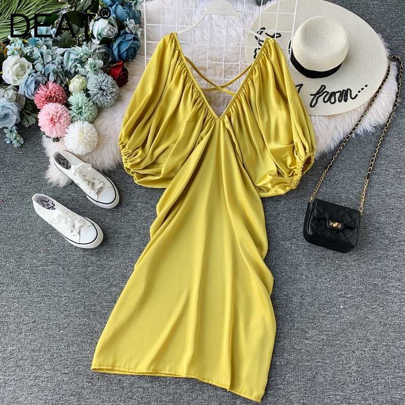 

DEAT Women Dress V-Neck Short Puff Sleeve Arrivals Lady Sexy Backless Temperament Fashion Spring Summer 11D1400 210709, Purple