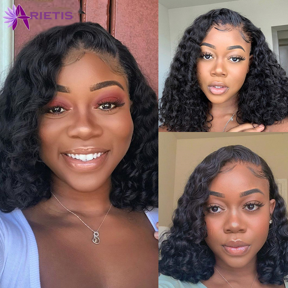 

14inch Brazilian Remy Short Bob Closure Wig Water Wave Lace Front Human Hair Wigs for Black Women Pre Plucked Deep Curly Human Hair Wig, Natural color