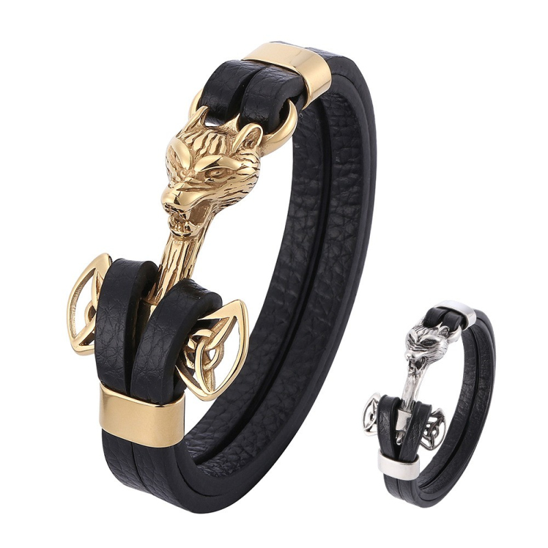

Hot Selling Stainless Steel Wolf Anchor Charm Bracelet Black Leather Bracelets Jewelry for Men