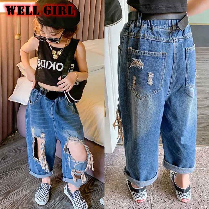 

toddler girl fall clothes 2021 distressed holes baby girl jeans pants hollow out ripped denim trousers kids children 3 to 8 yrs, Blue