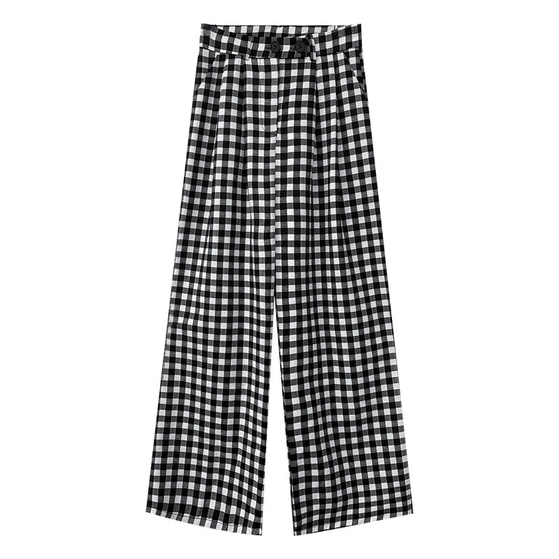 

2021 New Vintage Stylish Office Wear Button Fly Women Autumn High Waist Black and White Plaid Pants Womens Leisure Streetwear 6xsc, Black white grid