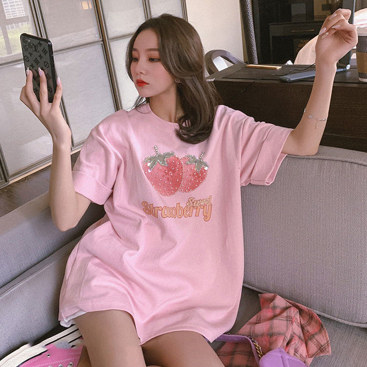 

2021 New 100% Strawberry Cotton Printing Long Female T-shirt Summer Tops Harajuku Ulzzang Oversize School Shirt Clothing Young Euhf, Pink.