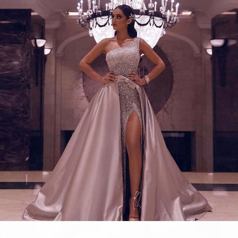 

Elegant Sparkly Rose Gold Sequined Luxury High Side Split Evening Gown With Detachable Train One Shoulder Prom Dresses Long Formal Party Gow, Black;red