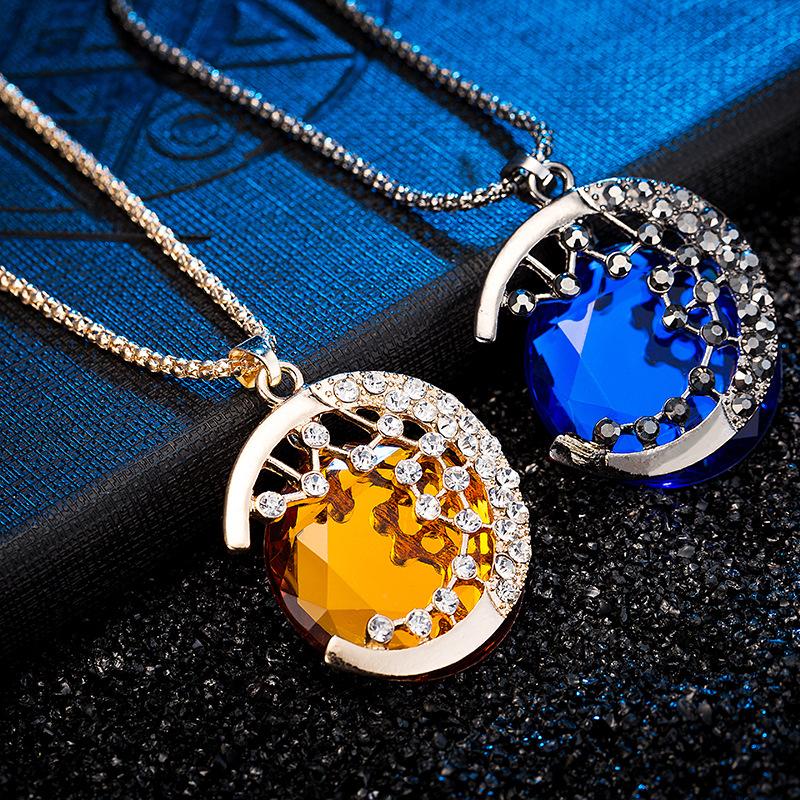 

Pendant Necklaces 2021 Fashion Blue Yellow Crystal Moon Necklace For Women The Vampire Diaries Vintage Gold Silver Color Female Neck Chain