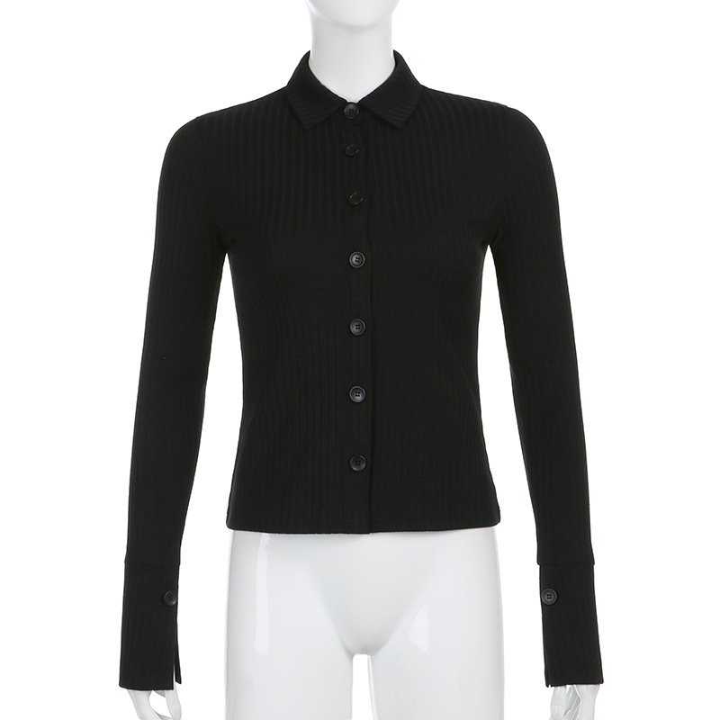 

Fashion Polo Neck Long Sleeve Split Solid Tshirt Women Gohtic Bodycon Knitted Splice Button Tops Winter Casual Tops, White