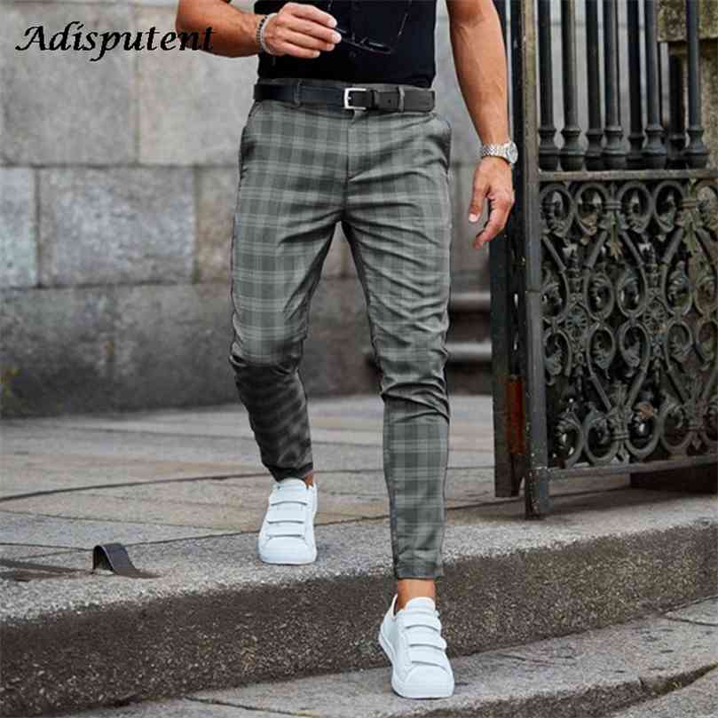 

Mens Pants Casual Trousers Skinny Stretch Chinos Slim Fit Pant Plaid Check Male 210716, Color 3